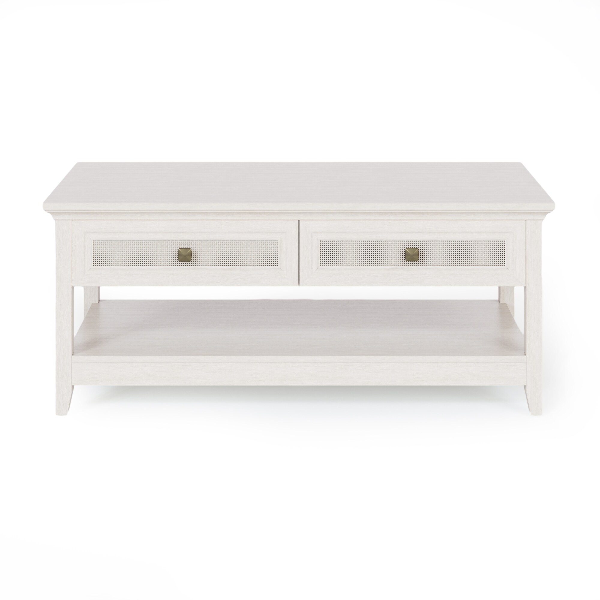 Farmhouse Coffee Table, Boho Tea Table With 2 Rattan Decor Drawers, Accent Center Sofa Table With Storage Shelf, 2 Tier Coffee Table For Bedroom, Living Room, Home Office, Grayish White_voghion.com